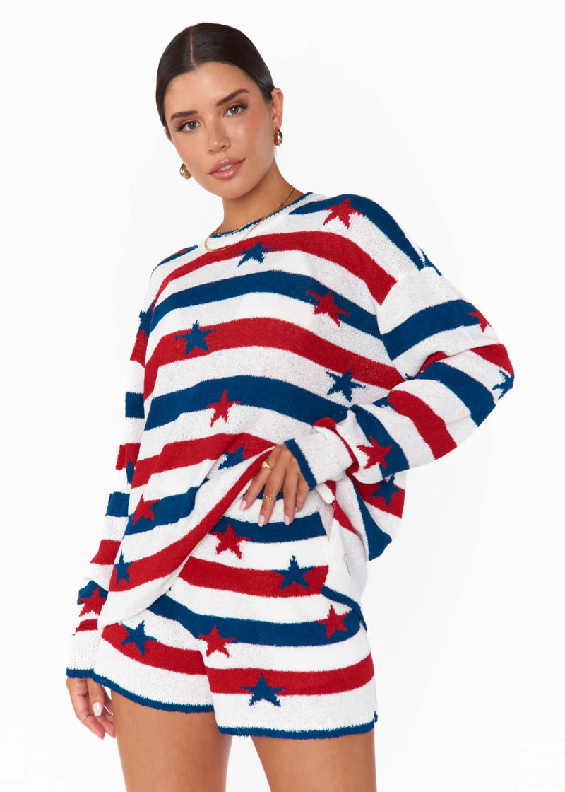 show me your mumu: boardwalk shorts-star spangled stripe knit
