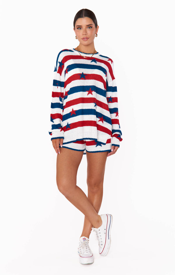 show me your mumu: boardwalk shorts-star spangled stripe knit