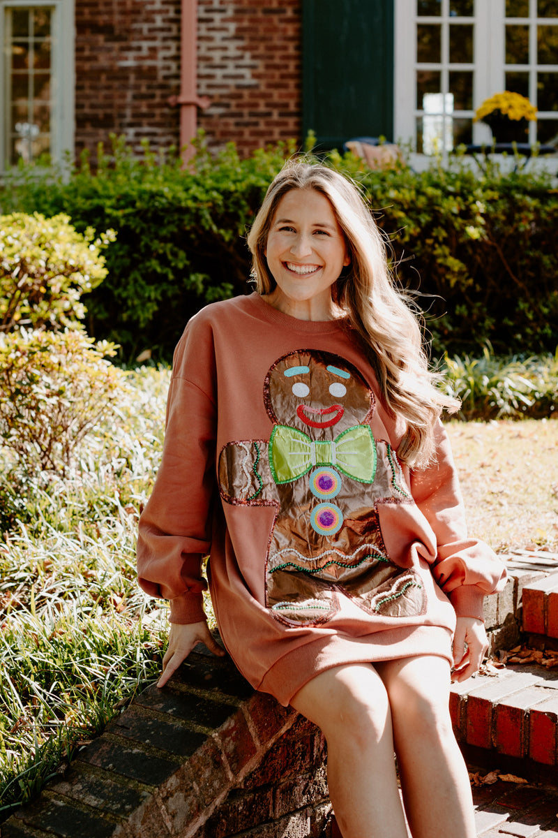 queen of sparkles: brown oversized metallic gingerbread man sweatshirt dress