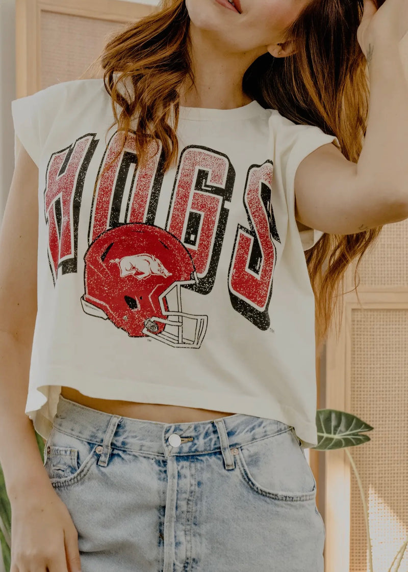 livy lu: arkansas razorbacks helmet fade off tank-off white