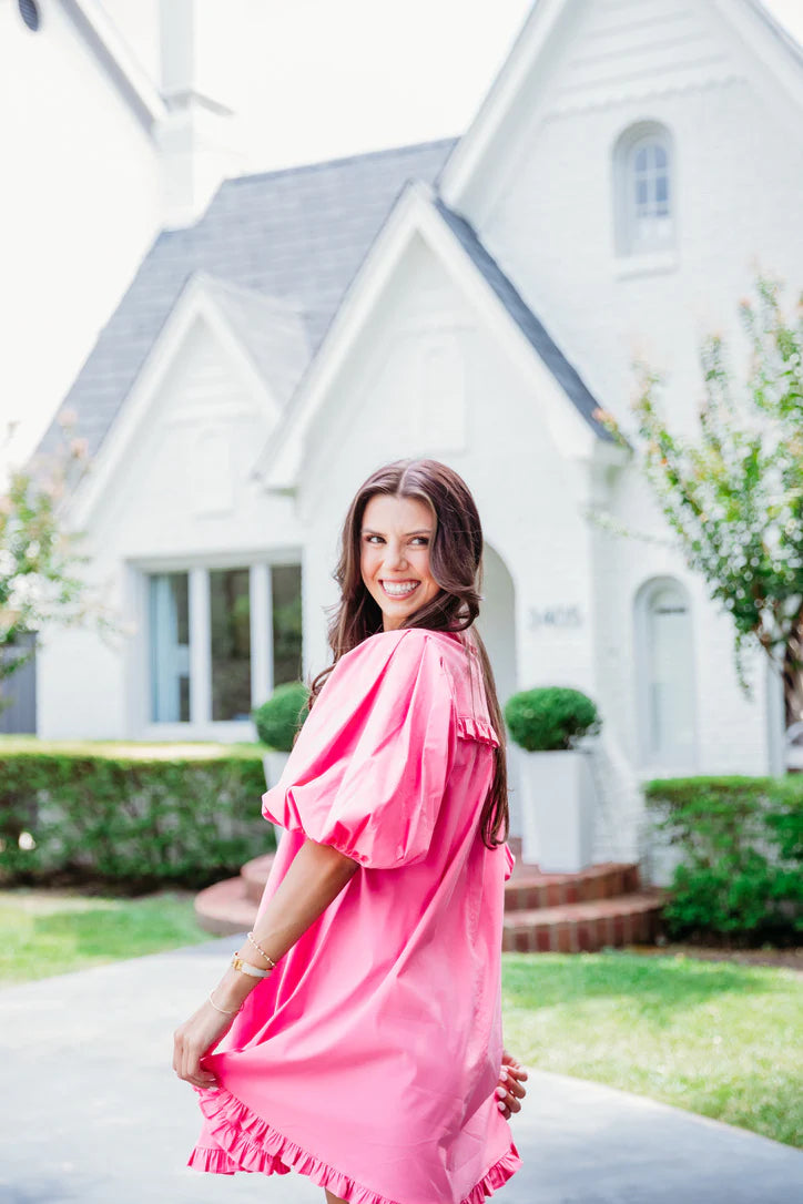 karlie: solid puff sleeve ruffle pocket dress-pink