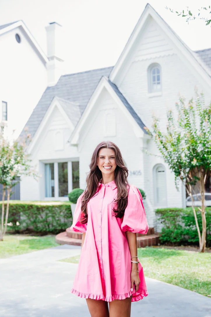 karlie: solid puff sleeve ruffle pocket dress-pink