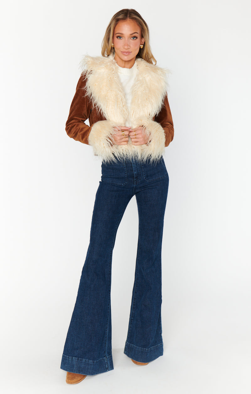 show me your mumu: penny lane cropped coat-saddle brown cord with faux fur