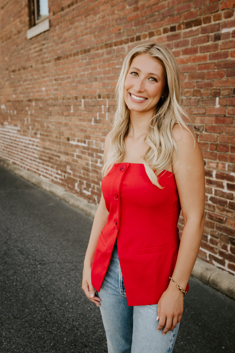marsy: linen strapless long top-red