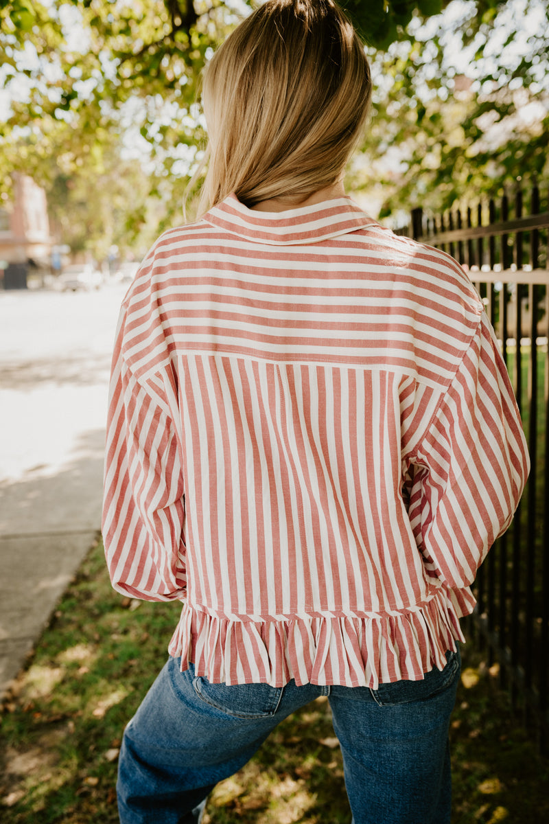 draft day stripe ruffle hem top-red