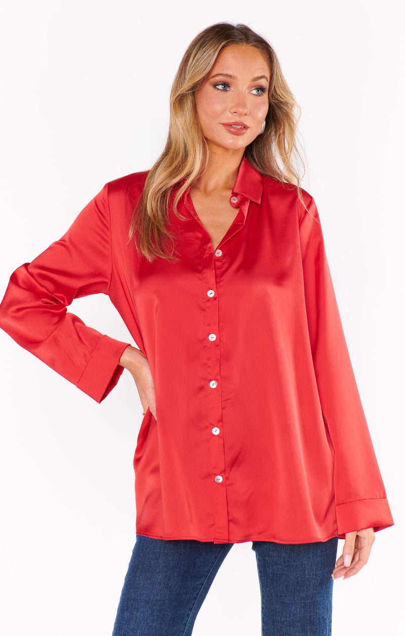 show me your mumu: smith button down-red luxe satin