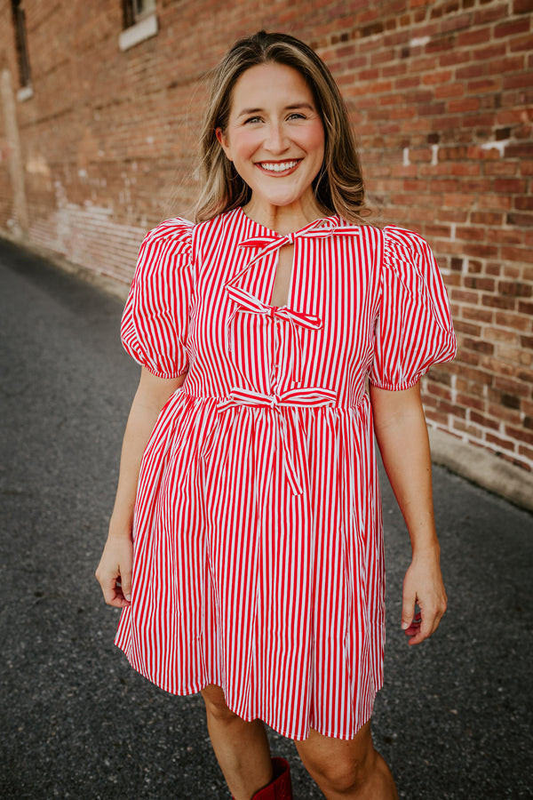 english factory: stripe puff sleeve bow dress-red