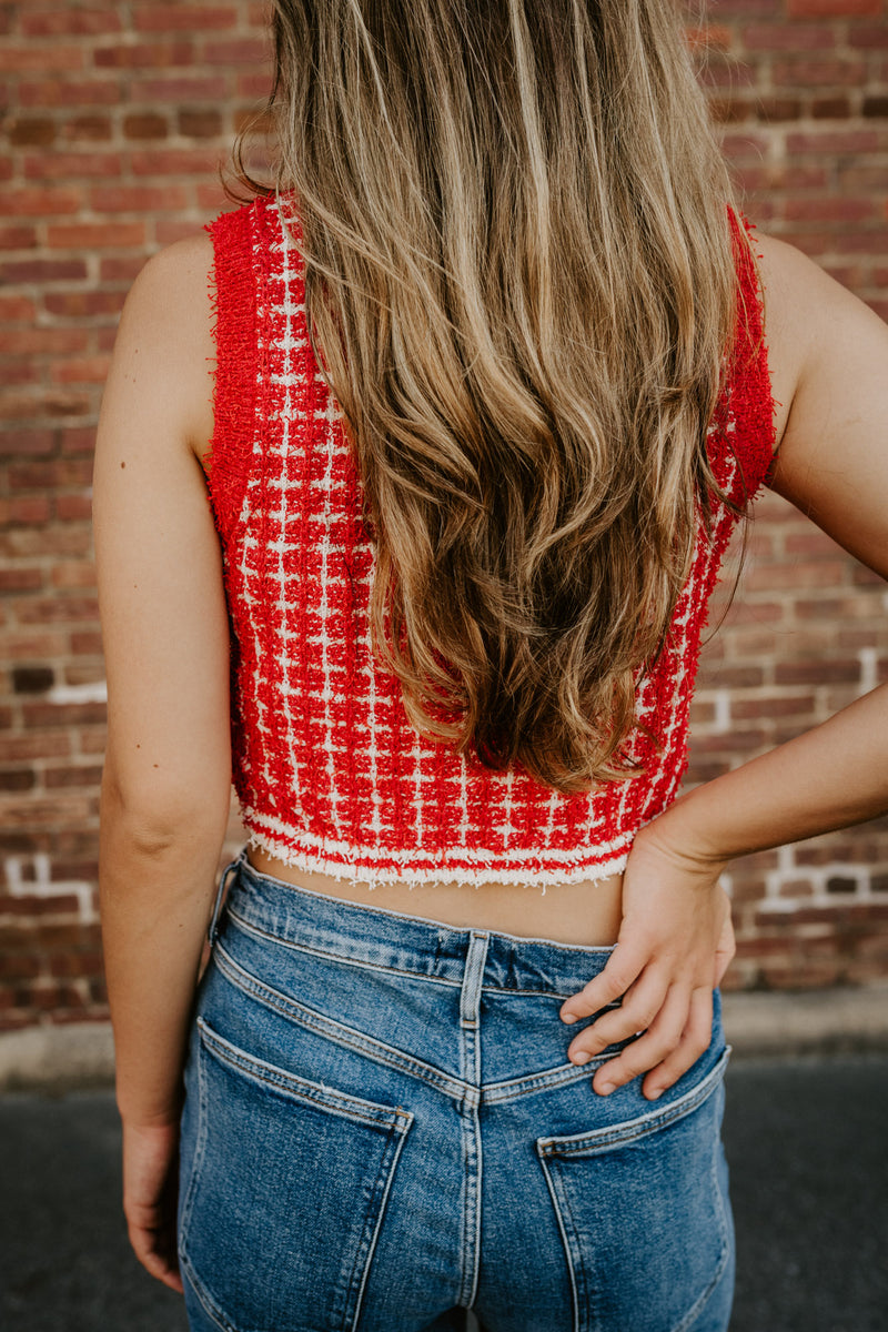 endless rose: knit crop top-red/cream