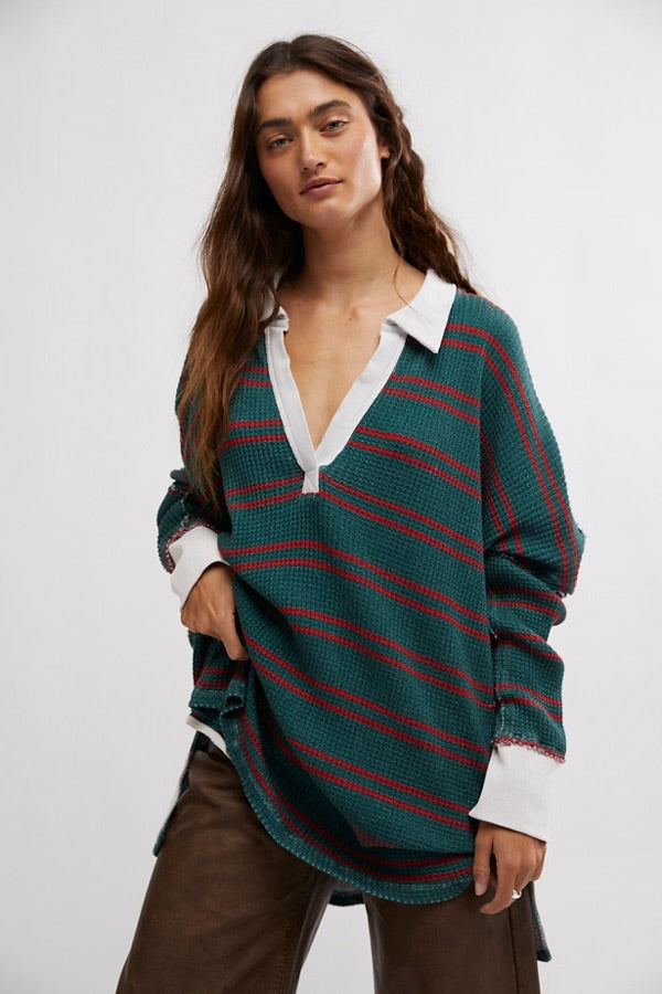 free people: striped travis polo-green combo