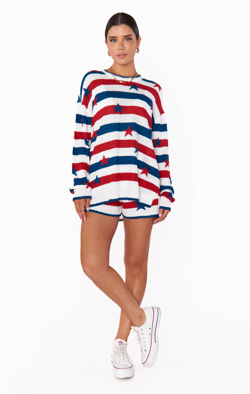 show me your mumu: boardwalk shorts-star spangled stripe knit by