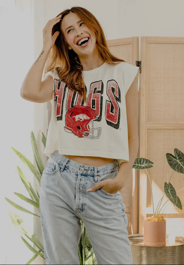 livy lu: arkansas razorbacks helmet fade off tank-off white