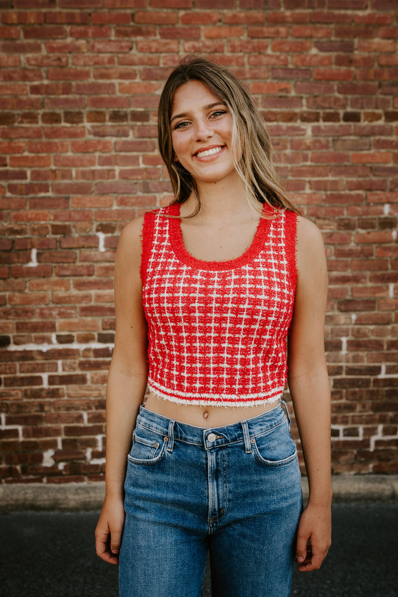 endless rose: knit crop top-red/cream