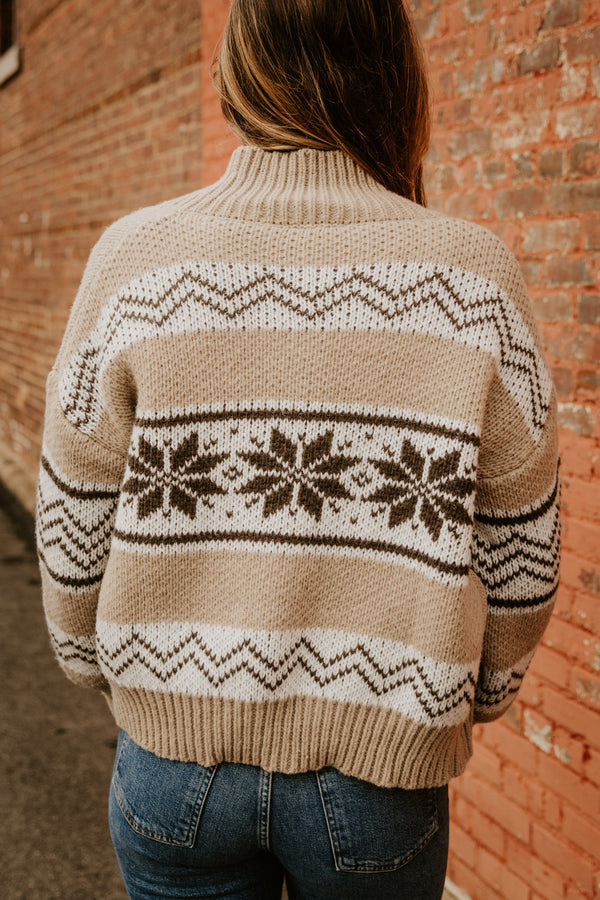 collared faire isle sweater jacket-brown/white