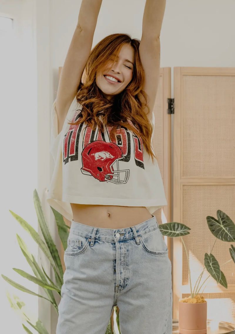 livy lu: arkansas razorbacks helmet fade off tank-off white