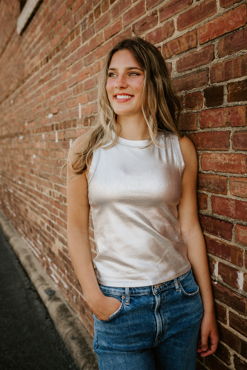 endless rose: metallic ribbed sleeveless top-silver