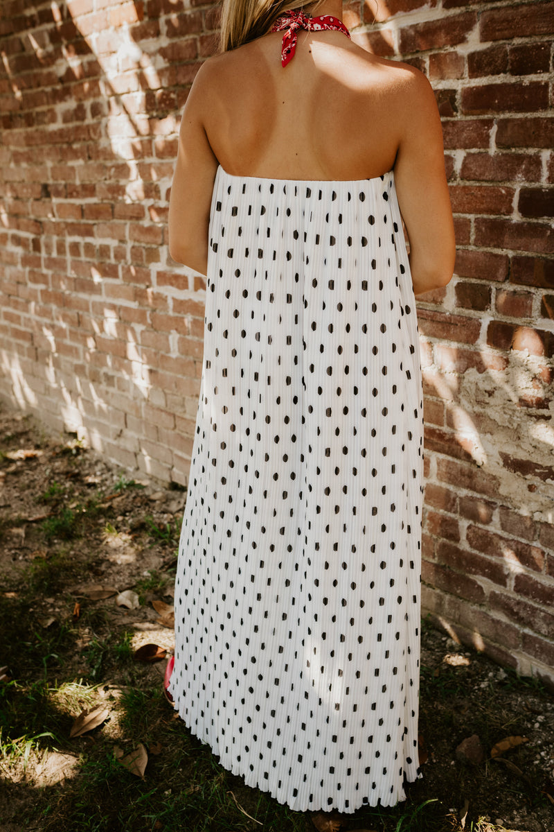 endless rose: strapless pleated polka dot maxi dress-white/black
