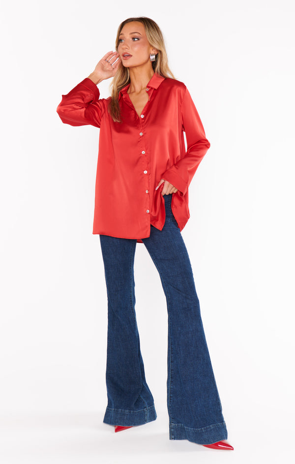 show me your mumu: smith button down-red luxe satin