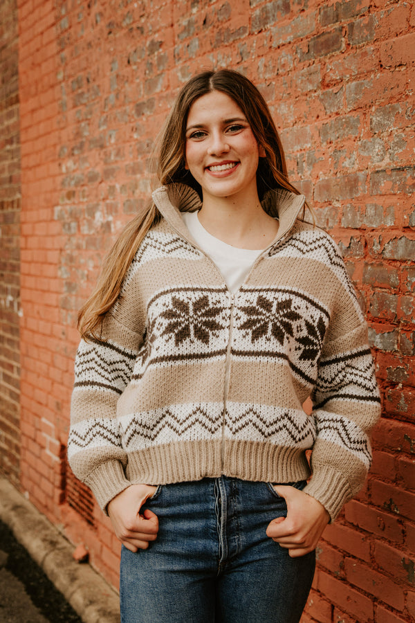 collared faire isle sweater jacket-brown/white