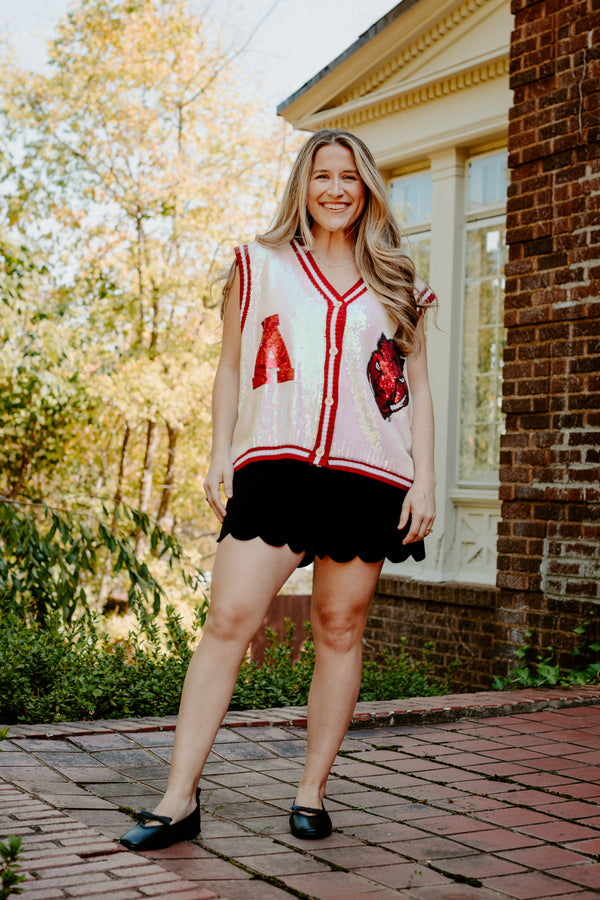 queen of sparkles: white & crimson arkansas full sequin button up sweater vest