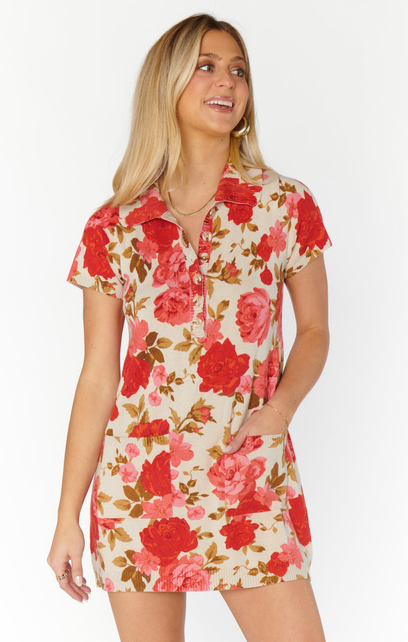 show me your mumu: dexter button sweater dress-tan hillside floral