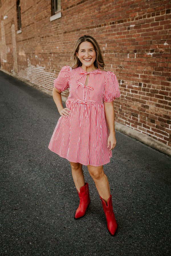 english factory: stripe puff sleeve bow dress-red