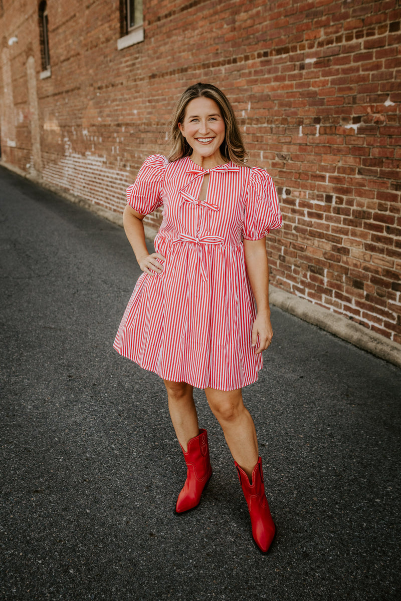 english factory: stripe puff sleeve bow dress-red