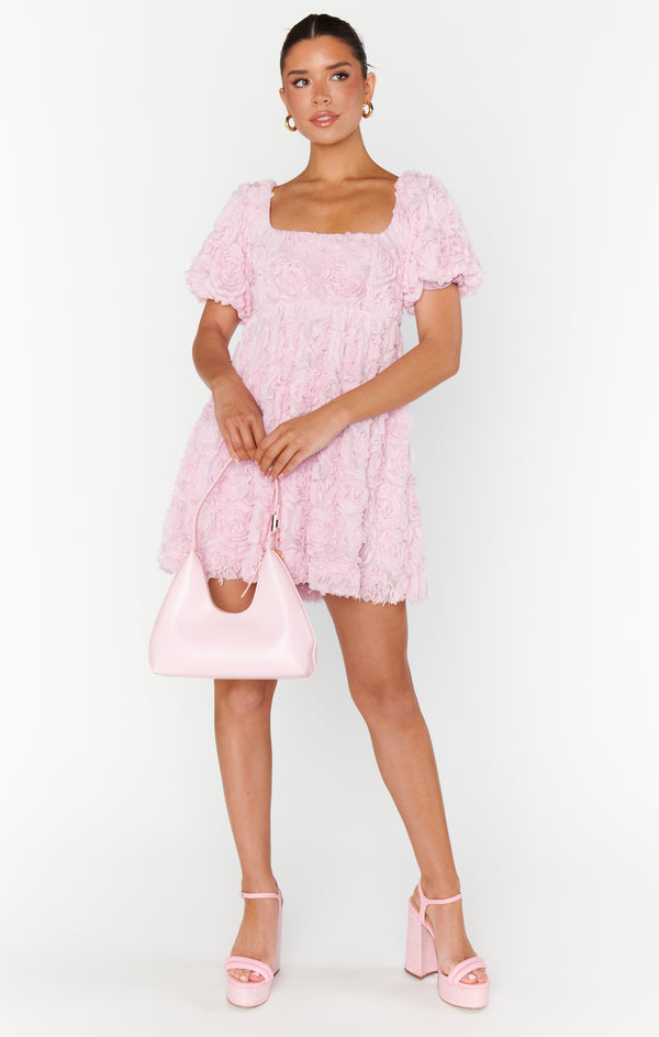 show me your mumu: smitten baby doll dress-rosette mesh pink