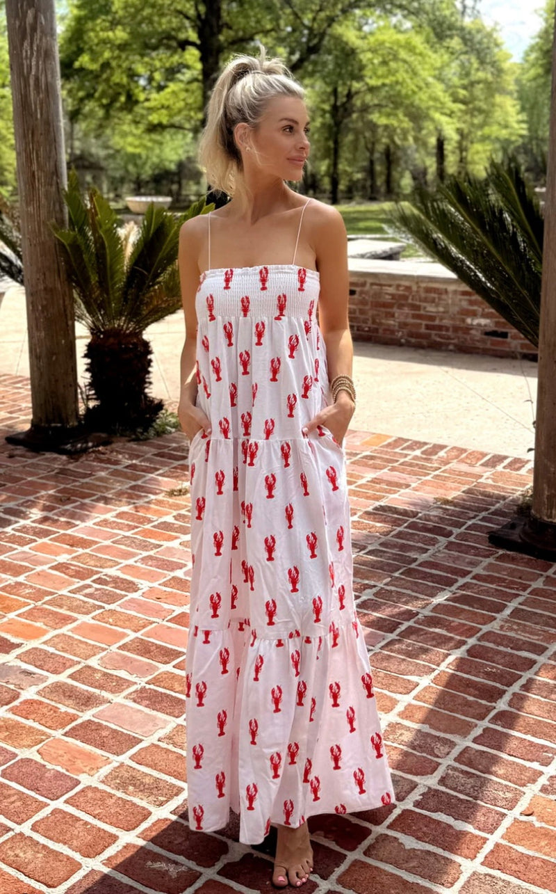 show me your mumu: long weekend maxi dress-lobster embroidery