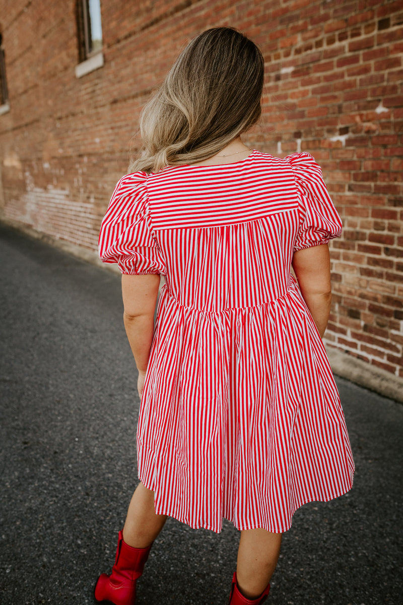 english factory: stripe puff sleeve bow dress-red