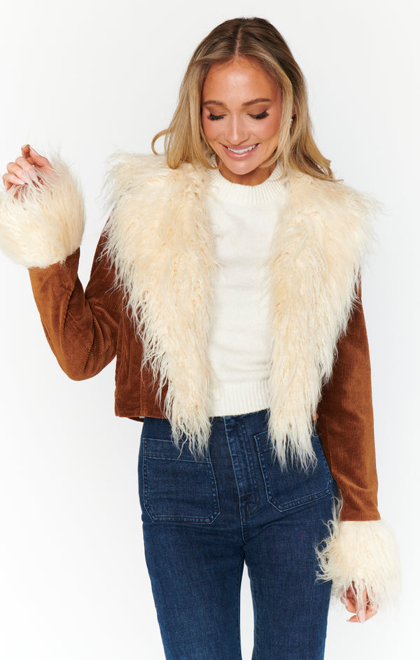 show me your mumu: penny lane cropped coat-saddle brown cord with faux fur