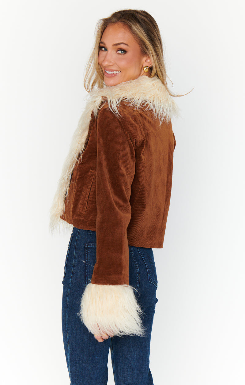 show me your mumu: penny lane cropped coat-saddle brown cord with faux fur