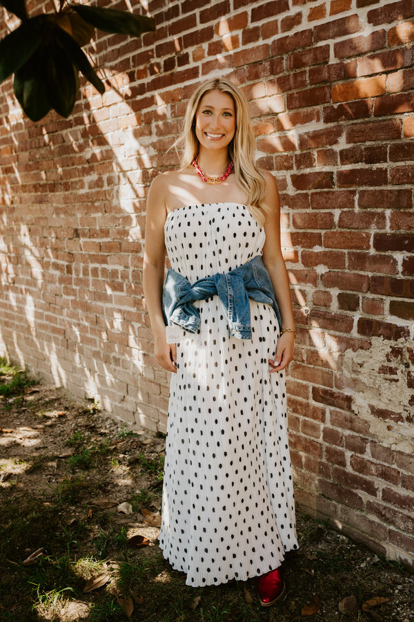 endless rose: strapless pleated polka dot maxi dress-white/black
