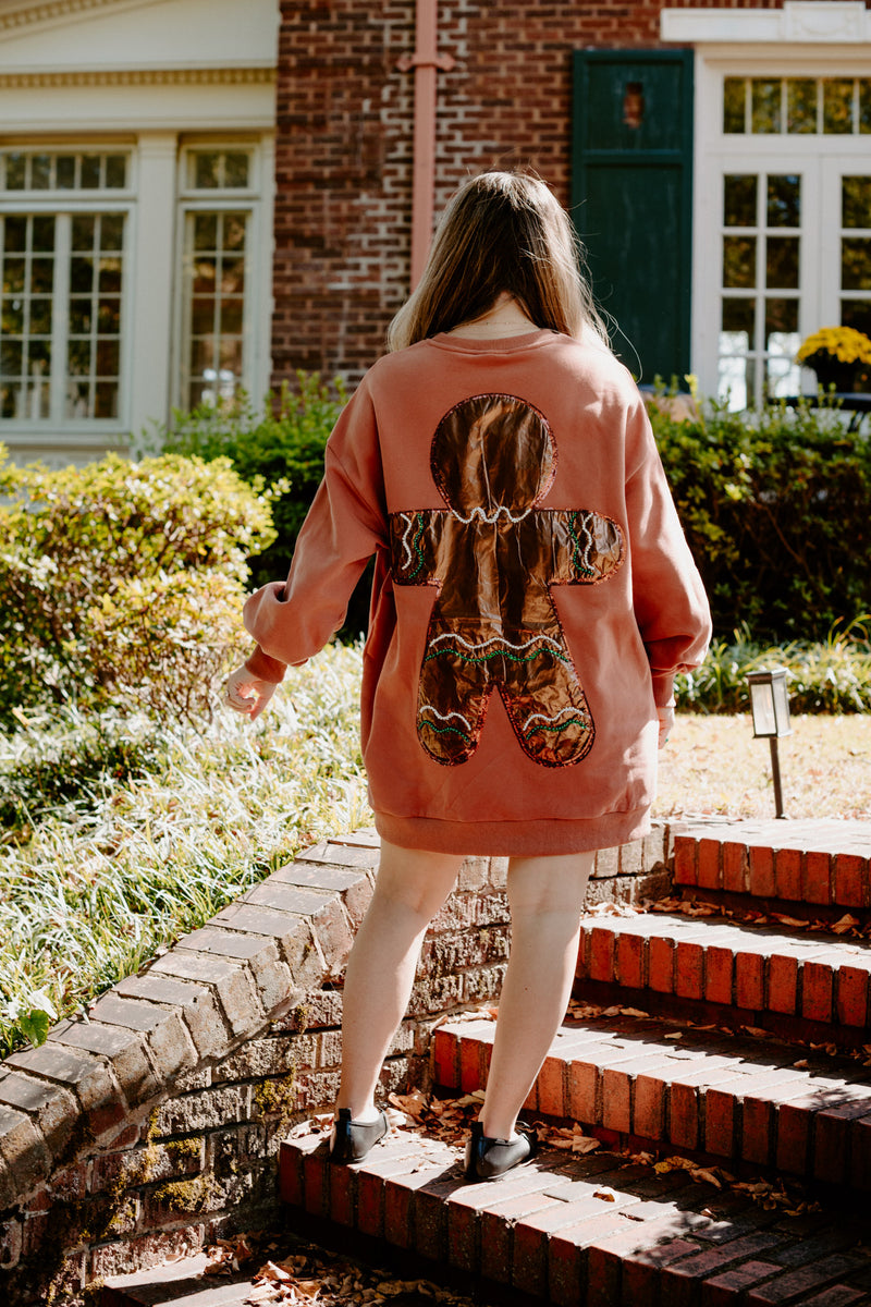 queen of sparkles: brown oversized metallic gingerbread man sweatshirt dress