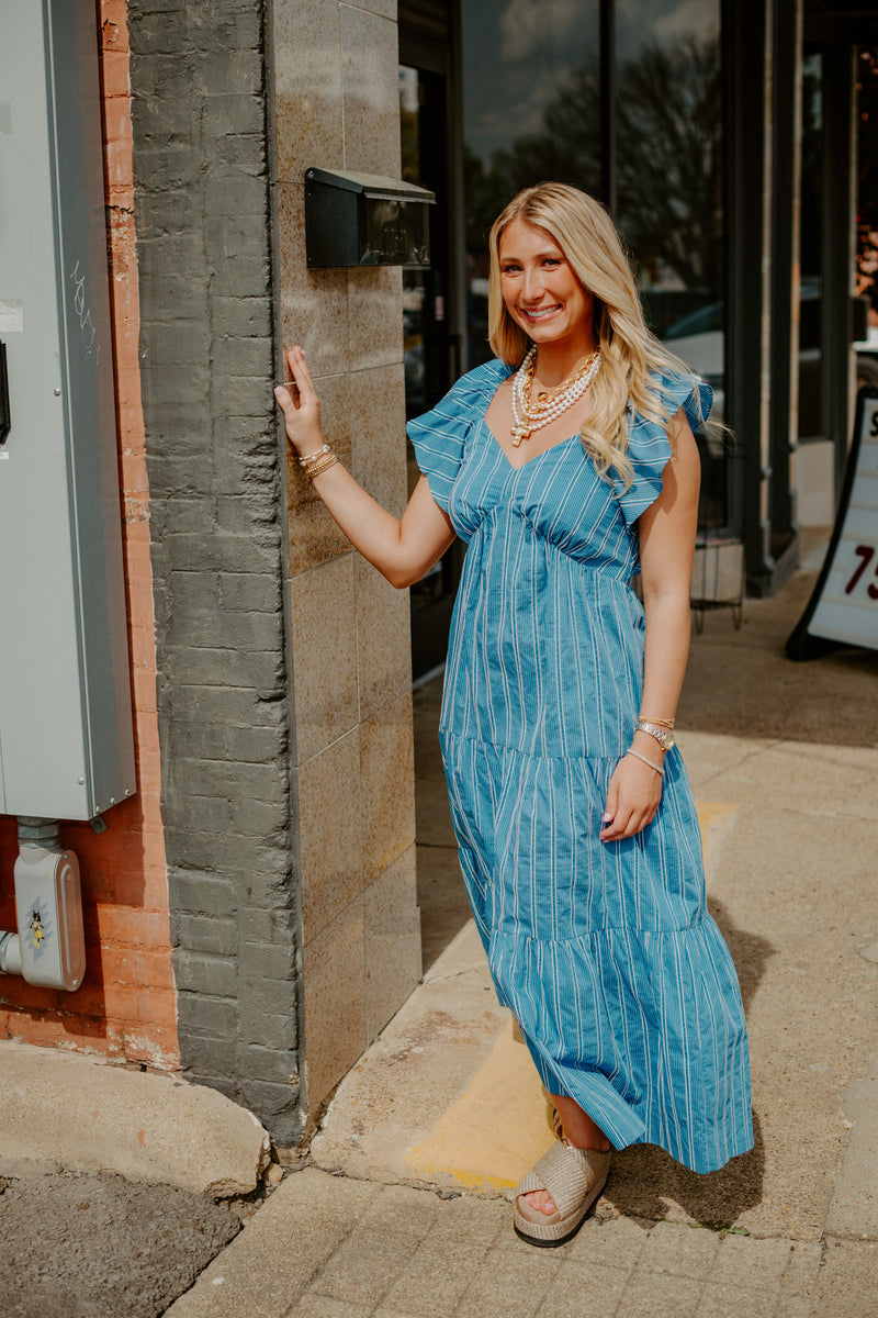 adelyn rae: shannon striped flutter sleeve tie back midi dress-blue