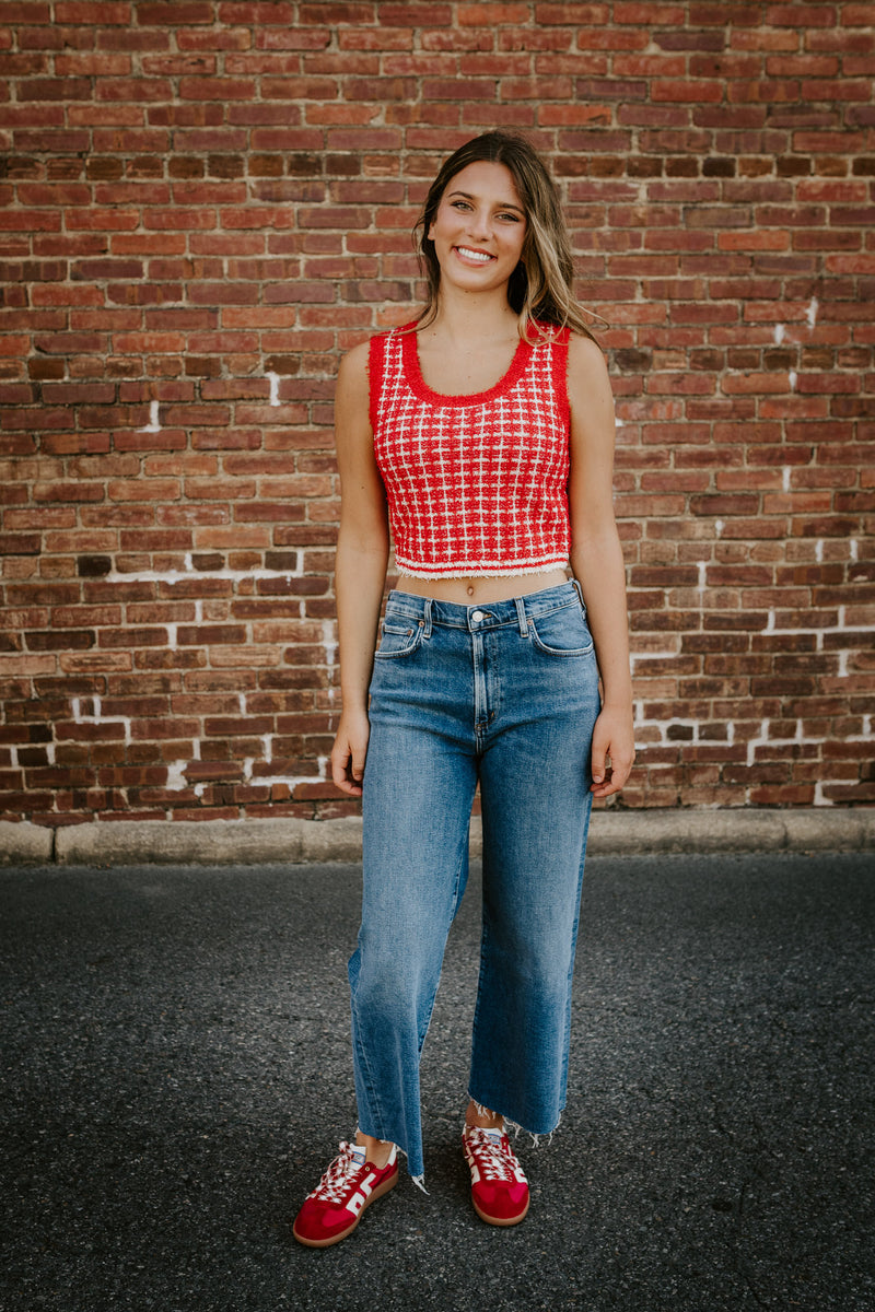 endless rose: knit crop top-red/cream