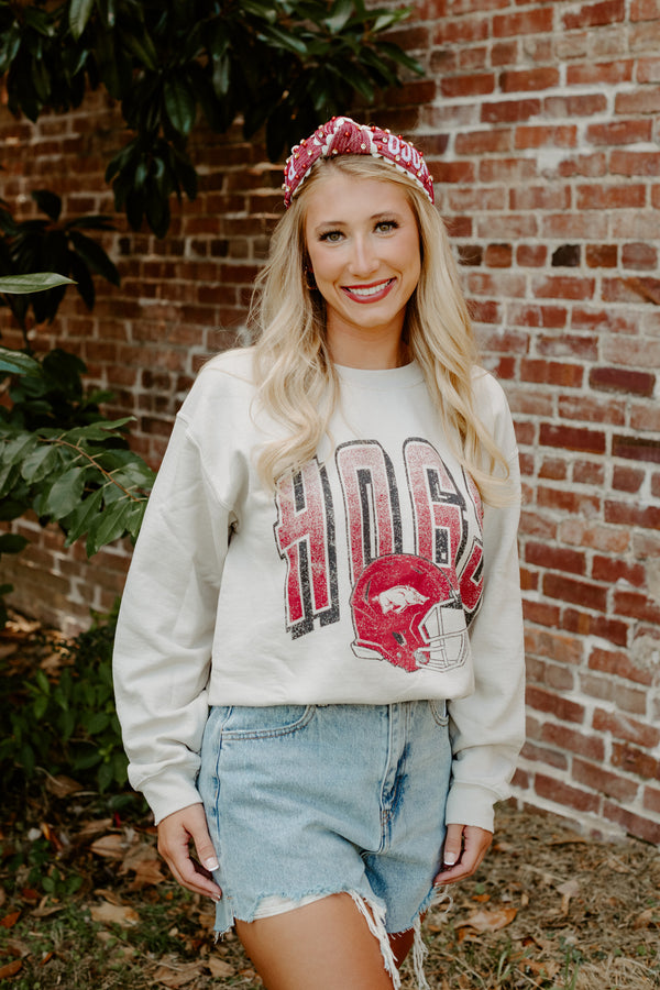 livy lu: thrifted arkansas helmet fade sweatshirt-sand