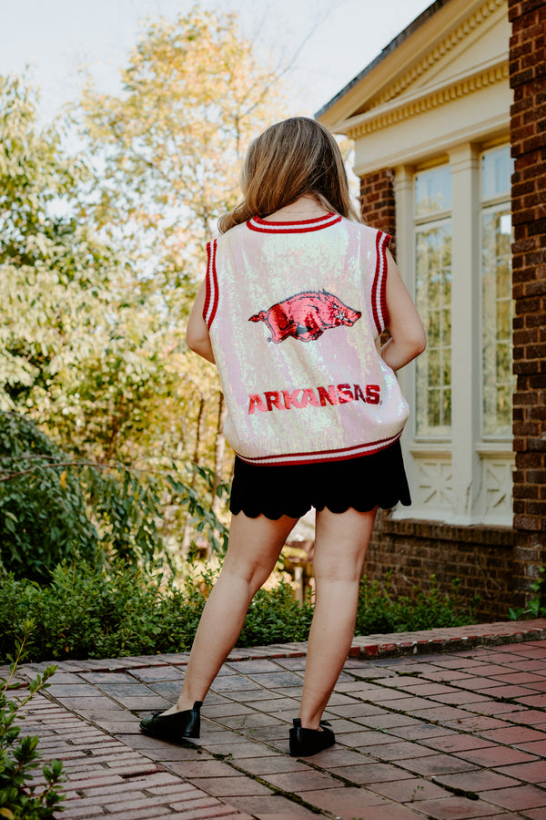 queen of sparkles: white & crimson arkansas full sequin button up sweater vest