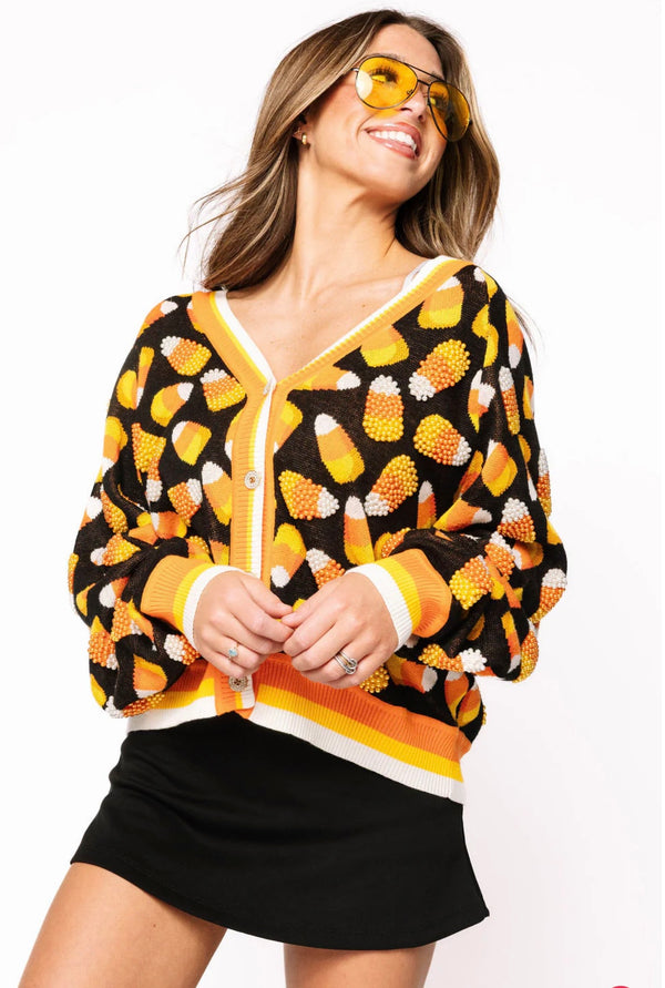 queen of sparkles: black pearl candy corn cardigan