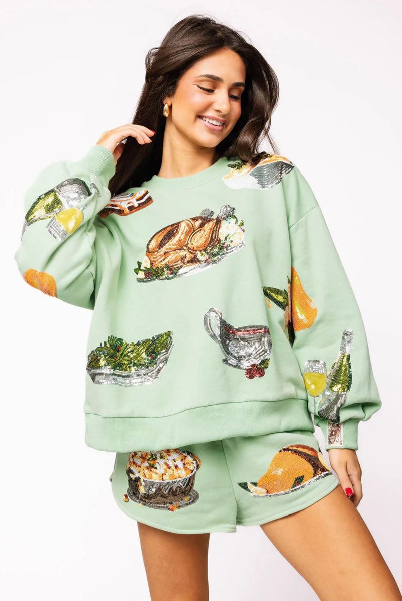 queen of sparkles: queen of turkey sweatshirt-mint