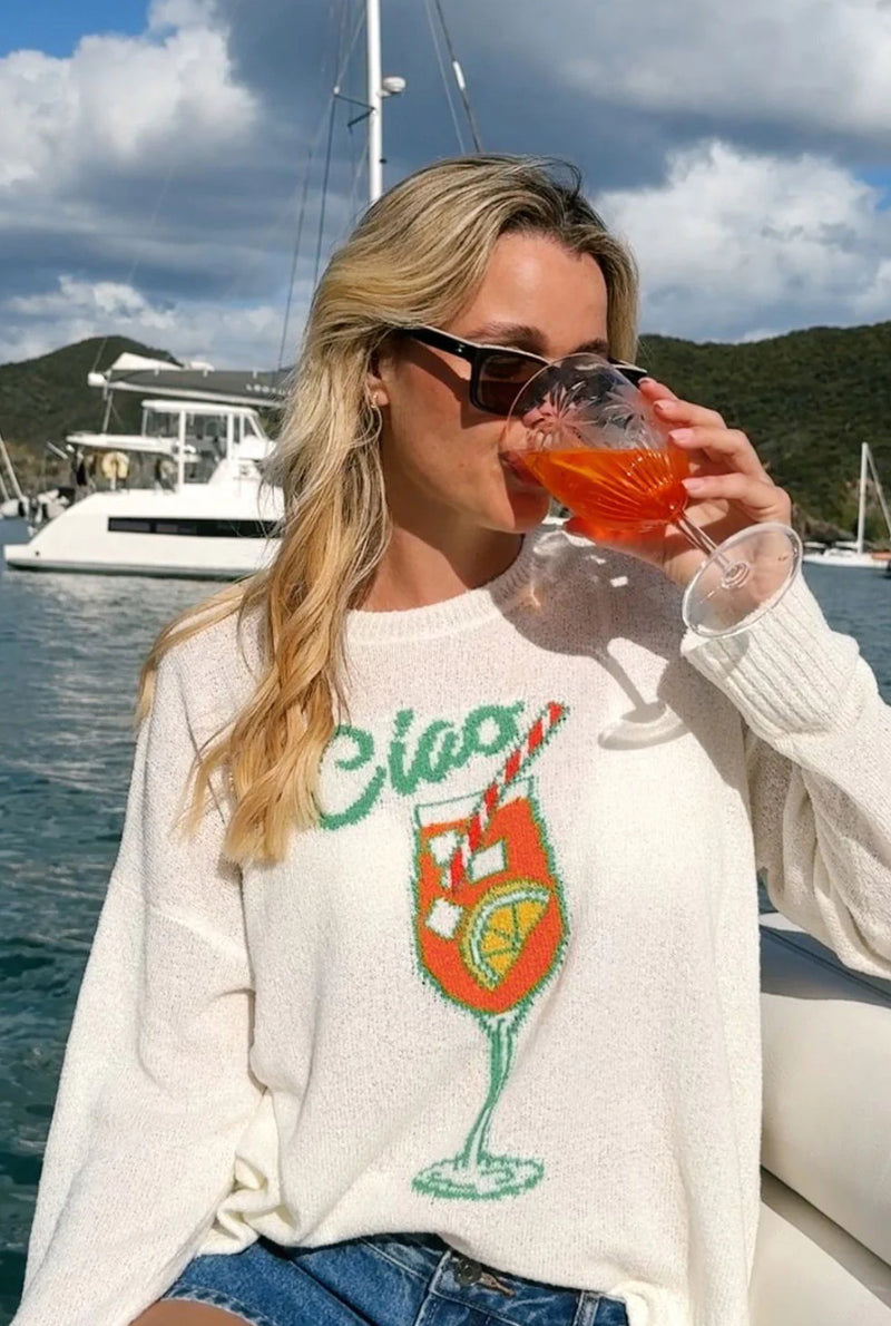 show me your mumu: woodsy sweater-ciao cocktail graphic knit