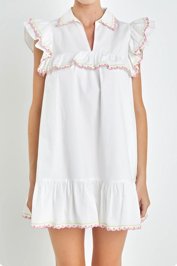 english factory: floral embroidered collared mini dress-white