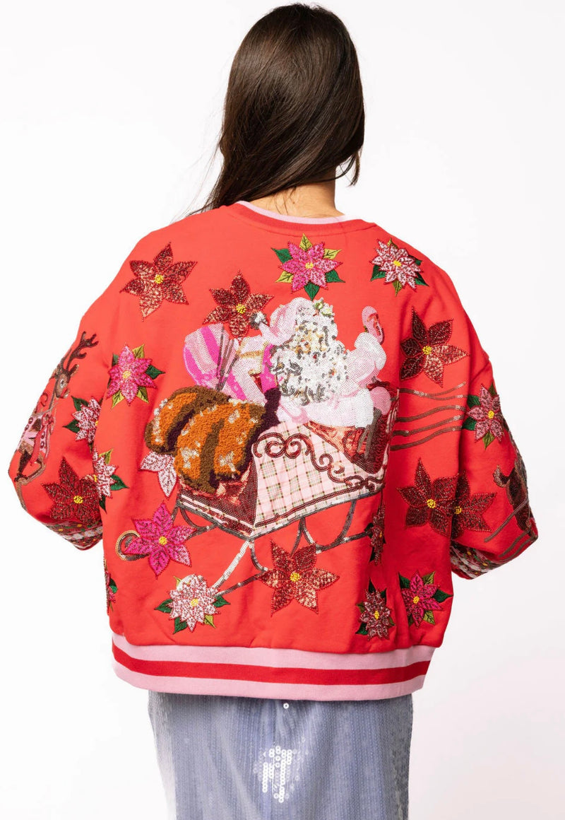 queen of sparkles: red & pink vintage poinsettia santa sweatshirt