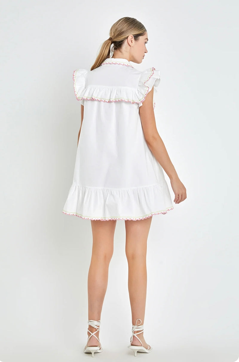 english factory: floral embroidered collared mini dress-white