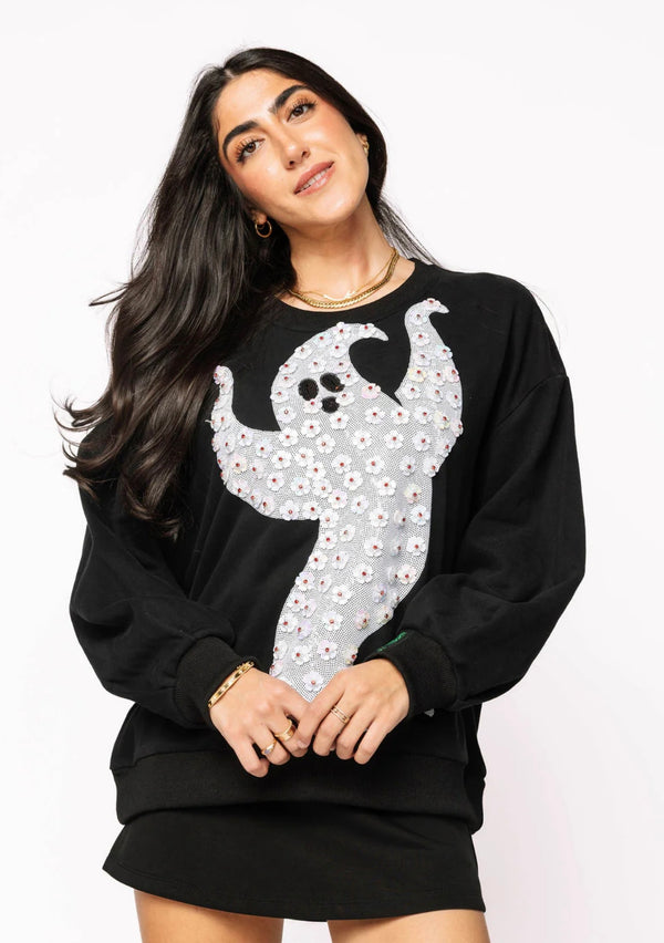 queen of sparkles: black & white flower sequin ghost sweatshirt