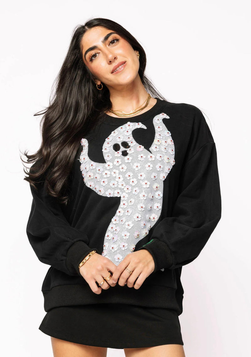 queen of sparkles: black & white flower sequin ghost sweatshirt