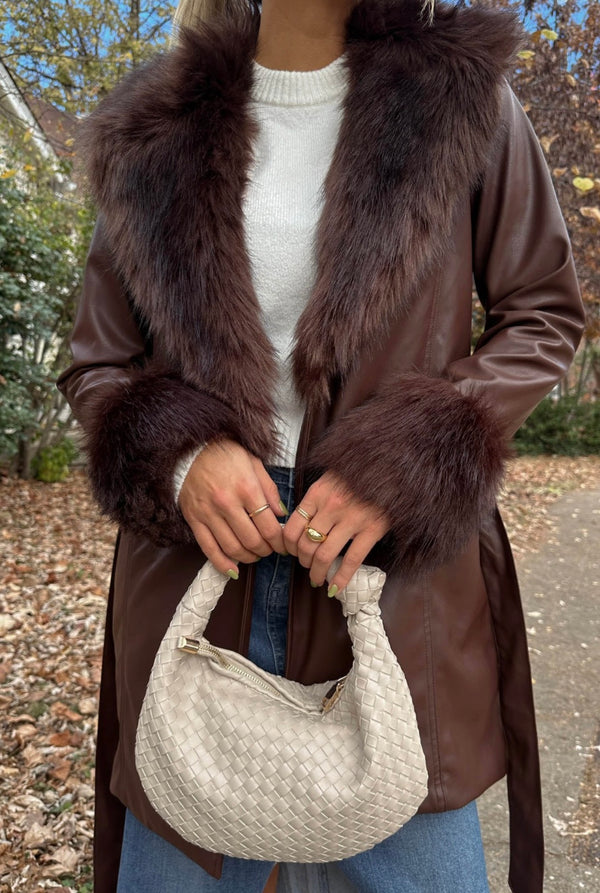 show me your mumu: penny lane coat-cocoa faux leather with faux fur