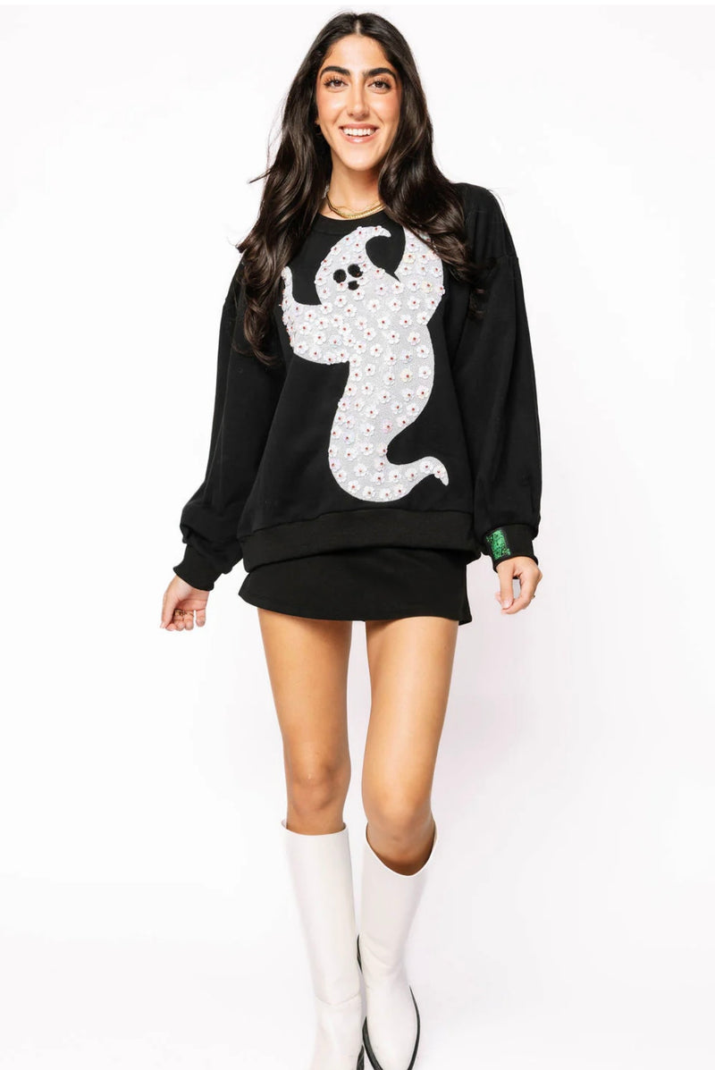 queen of sparkles: black & white flower sequin ghost sweatshirt