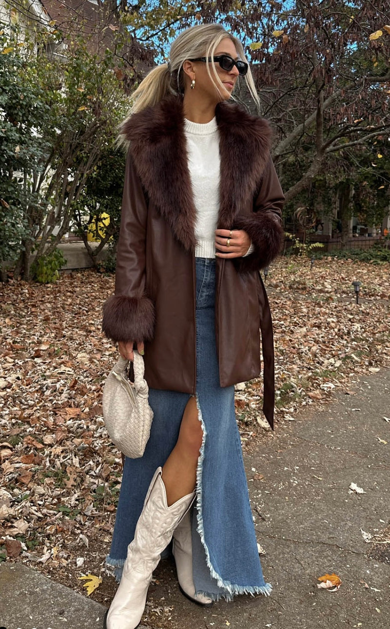 show me your mumu: penny lane coat-cocoa faux leather with faux fur