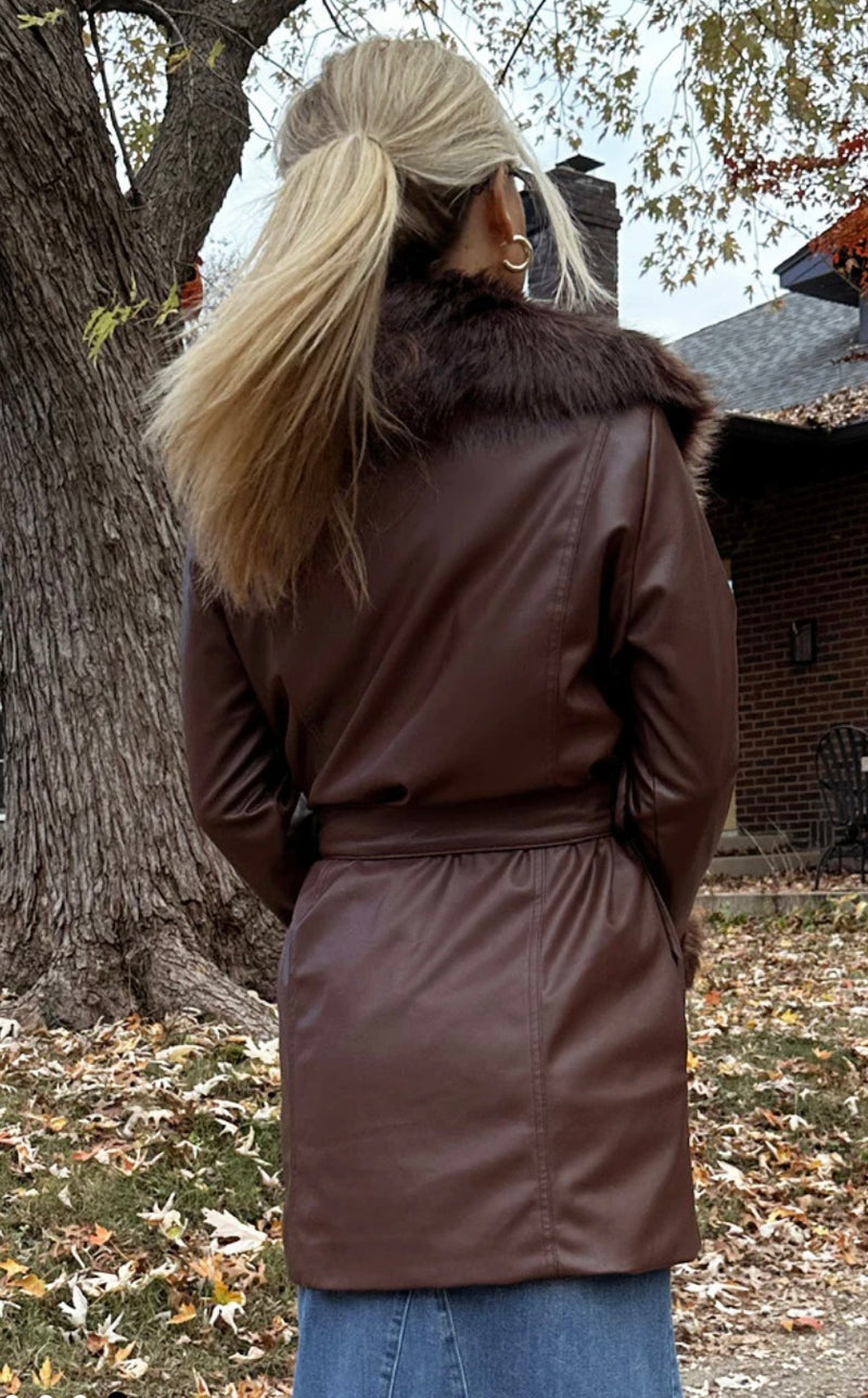 show me your mumu: penny lane coat-cocoa faux leather with faux fur