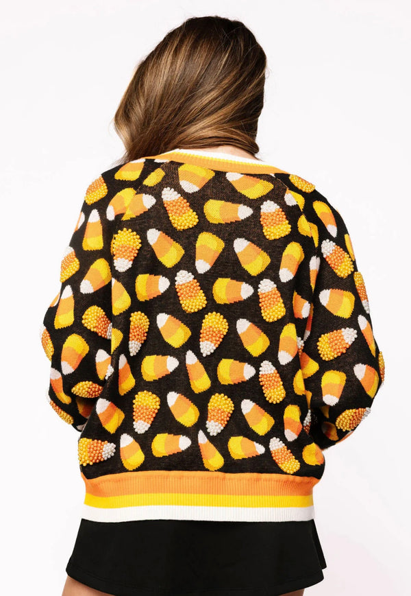 queen of sparkles: black pearl candy corn cardigan